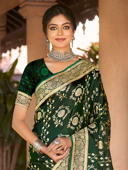 Green Satin Silk Woven Work Traditional Tassels Saree