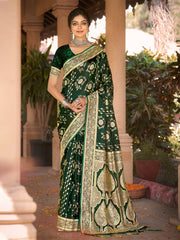 Green Satin Silk Woven Work Traditional Tassels Saree