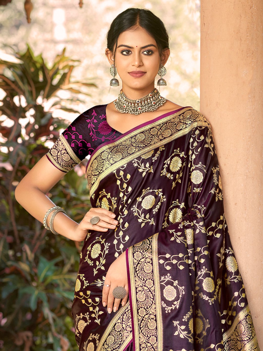 Purple Satin Silk Woven Work Traditional Tassels Saree