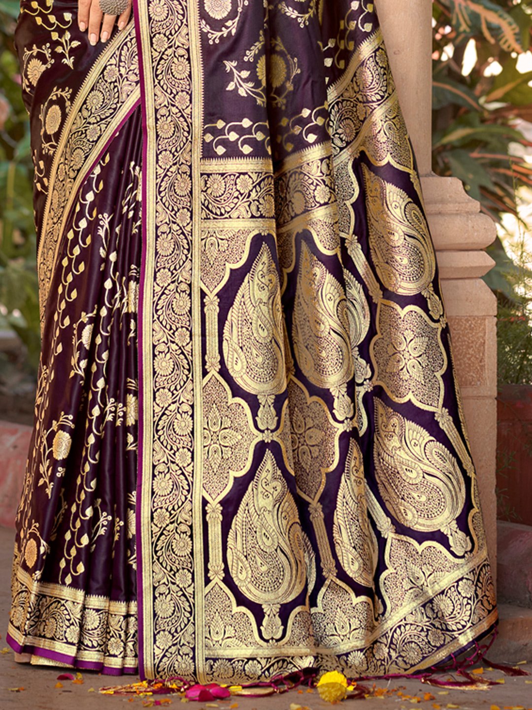 Purple Satin Silk Woven Work Traditional Tassels Saree