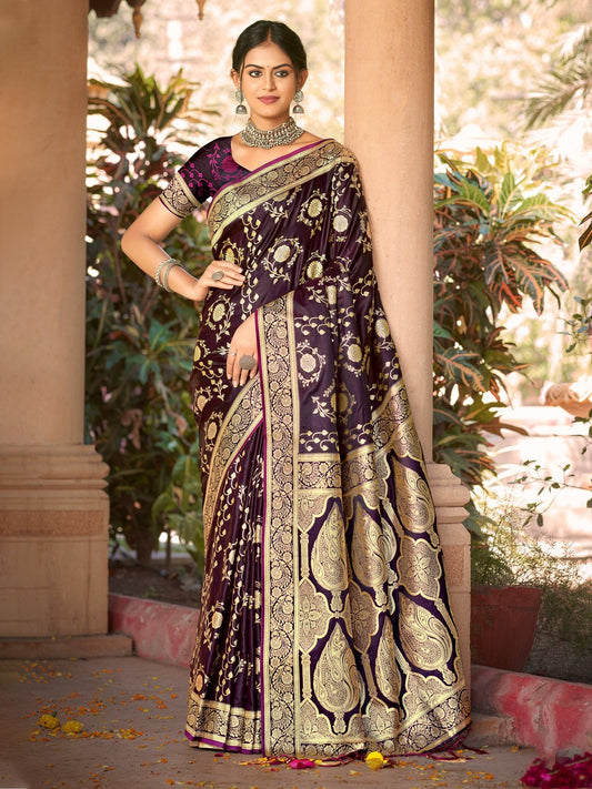 Purple Satin Silk Woven Work Traditional Tassels Saree