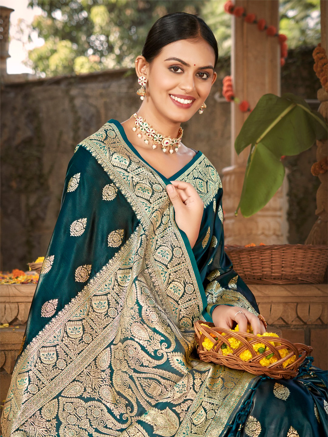 Green Satin Silk Woven Work Traditional Tassels Saree