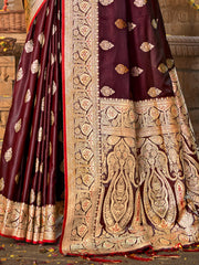 Maroon Satin Silk Woven Work Traditional Tassels Saree