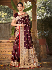 Maroon Satin Silk Woven Work Traditional Tassels Saree