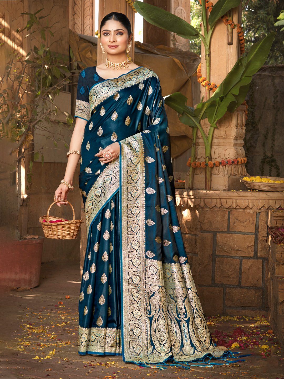 Navy Blue Satin Silk Woven Work Traditional Tassels Saree