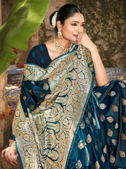 Navy Blue Satin Silk Woven Work Traditional Tassels Saree