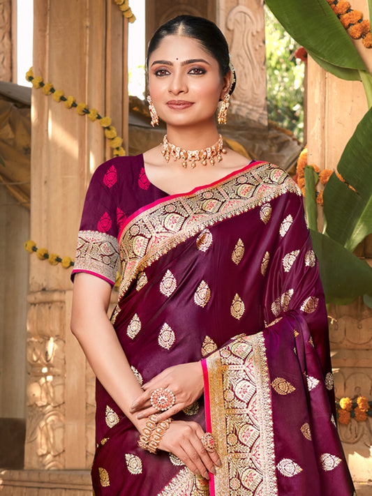 Wine Satin Silk Woven Work Traditional Tassels Saree