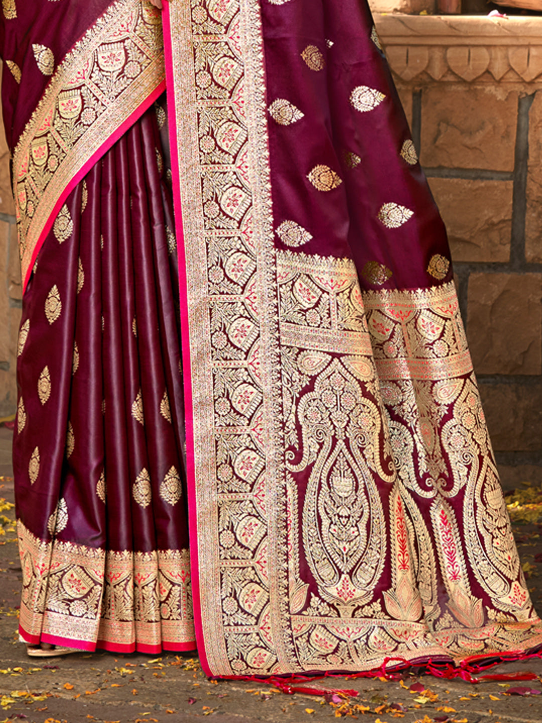 Wine Satin Silk Woven Work Traditional Tassels Saree