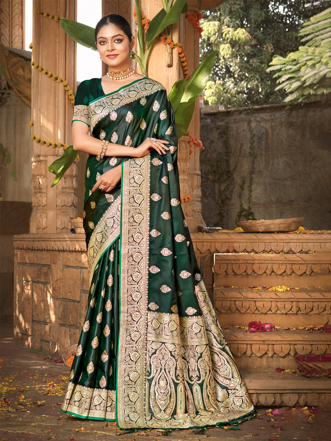 Green Satin Silk Woven Work Traditional Tassels Saree