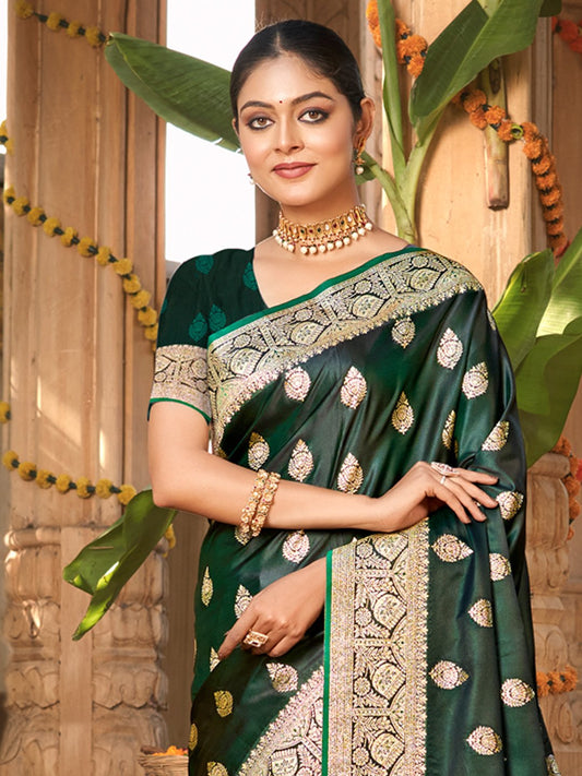 Green Satin Silk Woven Work Traditional Tassels Saree