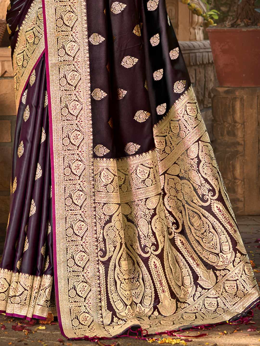 Dark Wine Satin Silk Woven Work Traditional Tassels Saree