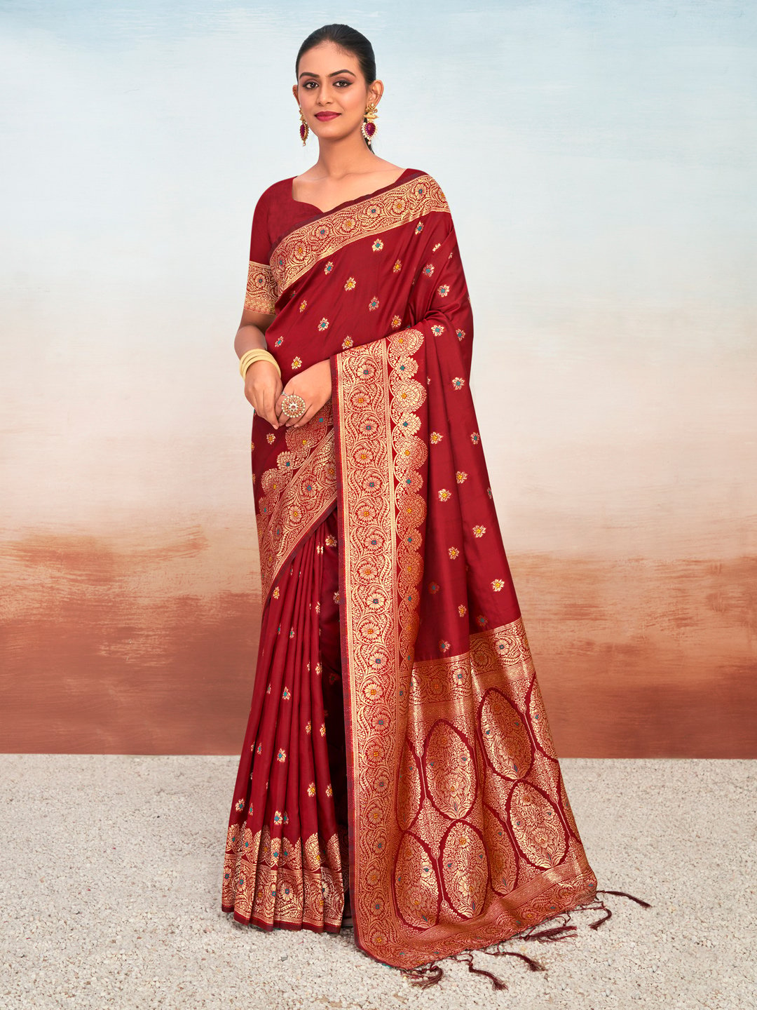 Maroon Silk Woven Work Traditional Tassels Saree