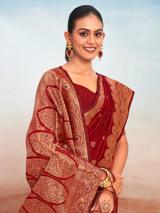 Maroon Silk Woven Work Traditional Tassels Saree