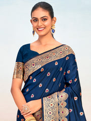 Navy Blue Silk Woven Work Traditional Tassels Saree