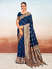 Navy Blue Silk Woven Work Traditional Tassels Saree