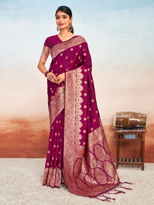 Wine Silk Woven Work Traditional Tassels Saree