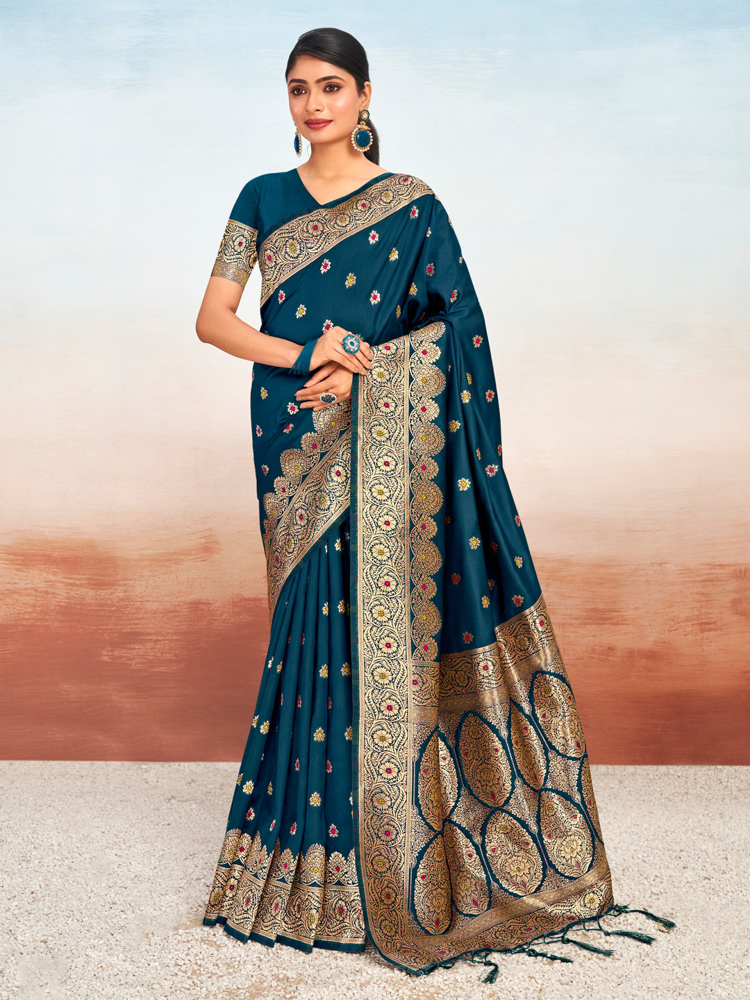 Navy Blue Silk Woven Work Traditional Tassels Saree