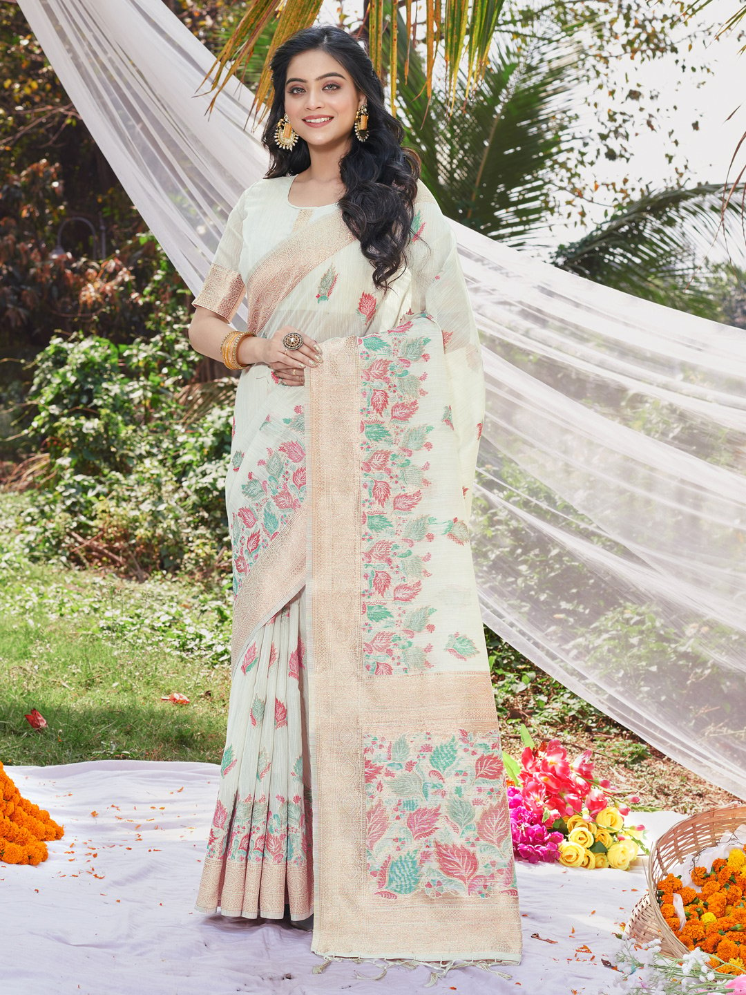 White Cotton Digital Print Traditional Tassels Saree