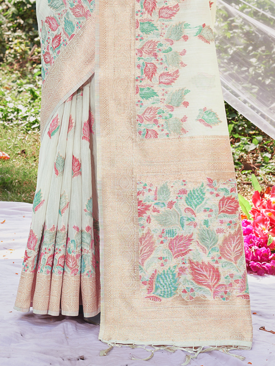 White Cotton Digital Print Traditional Tassels Saree