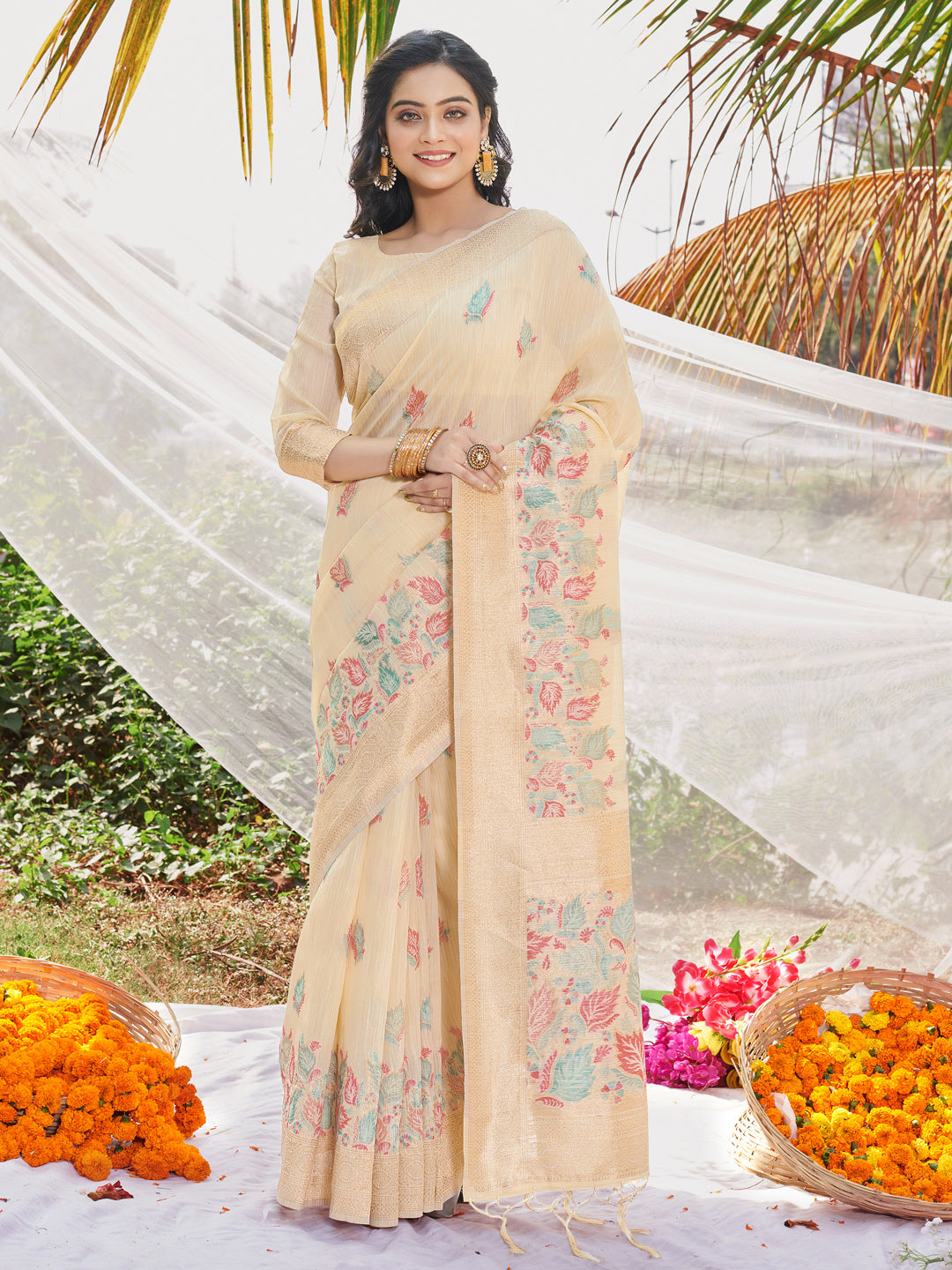 Cream Cotton Digital Print Traditional Tassels Saree