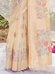 Cream Cotton Digital Print Traditional Tassels Saree