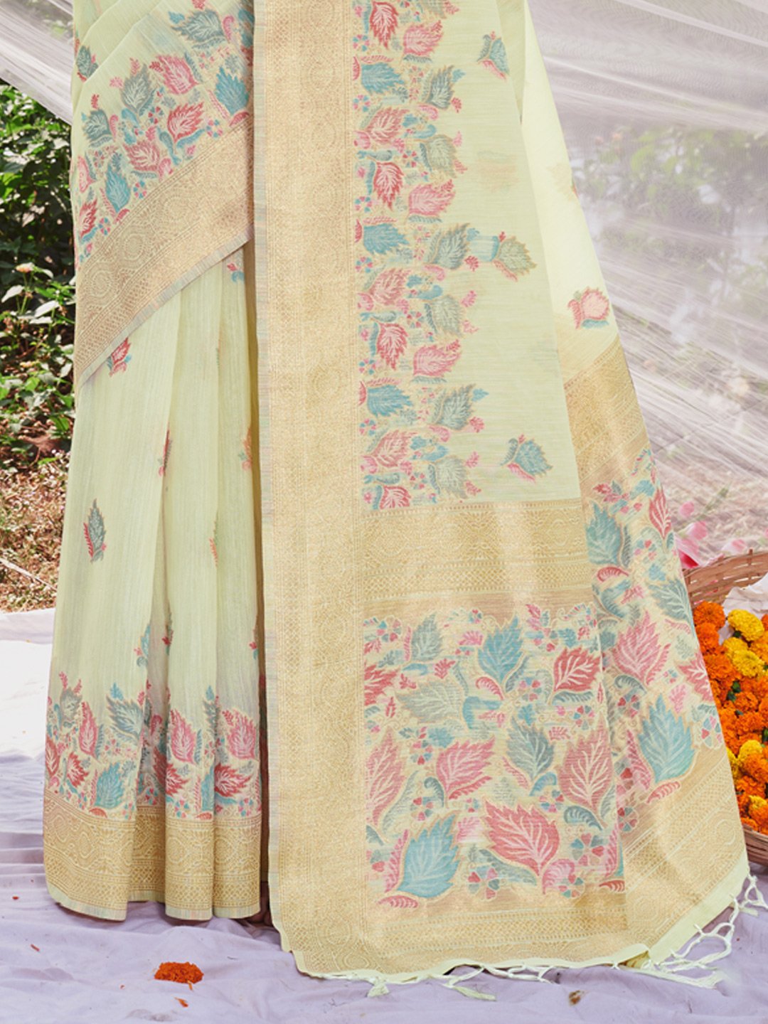 Light Green Cotton Digital Print Traditional Tassels Saree