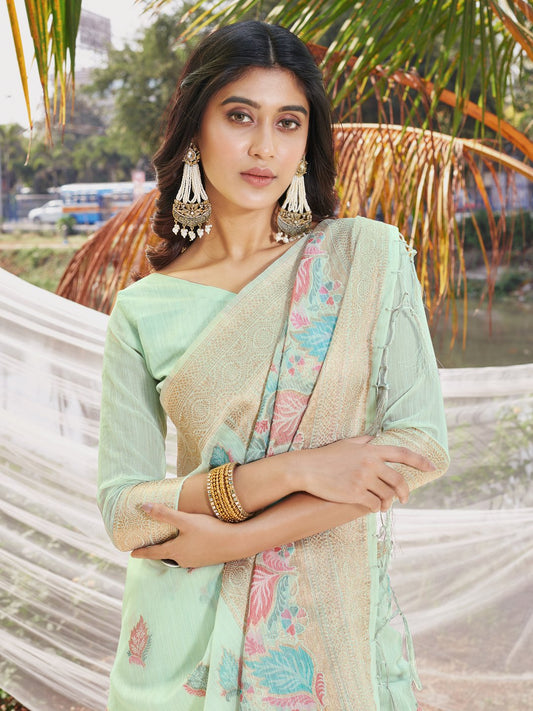 Sea Green Cotton Digital Print Traditional Tassels Saree