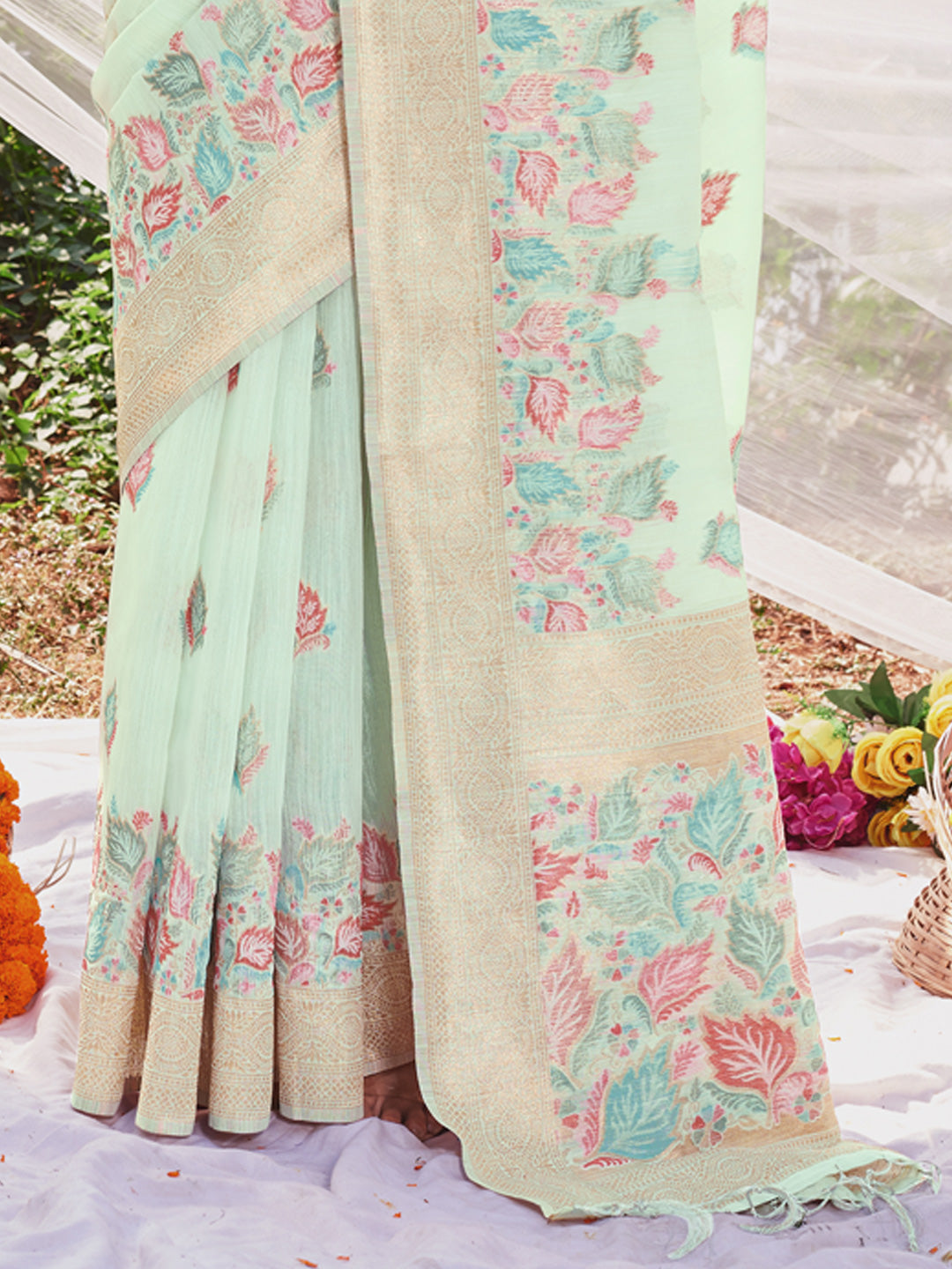 Sea Green Cotton Digital Print Traditional Tassels Saree