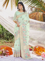 Sea Green Cotton Digital Print Traditional Tassels Saree