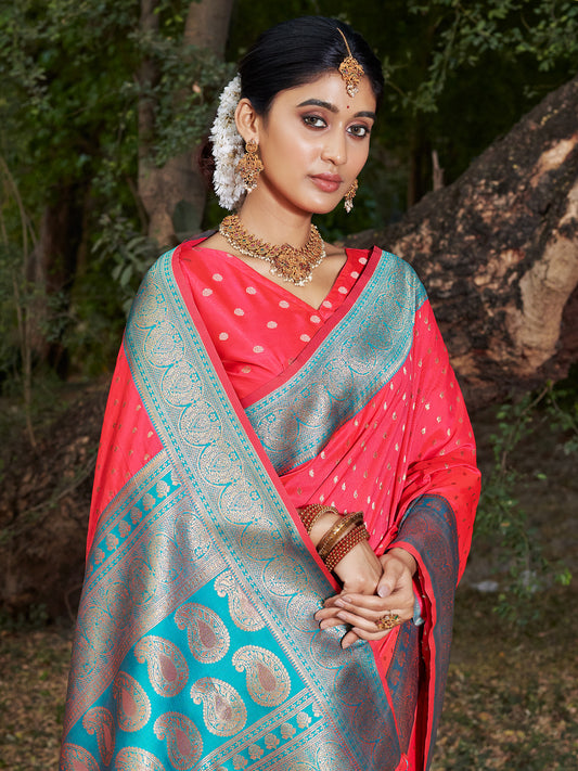 Pink Banarasi Silk Woven Work Traditional Tassels Saree