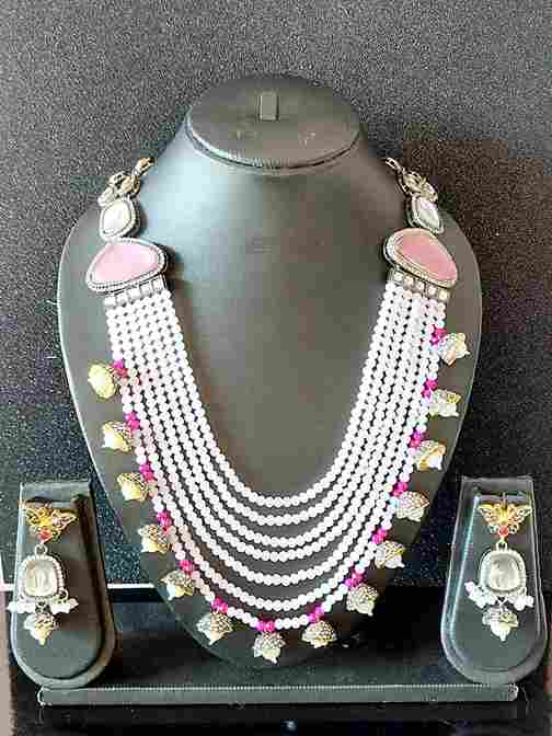 Baby Pink Beaded Long Rukmani Stone-Studded Necklace Set