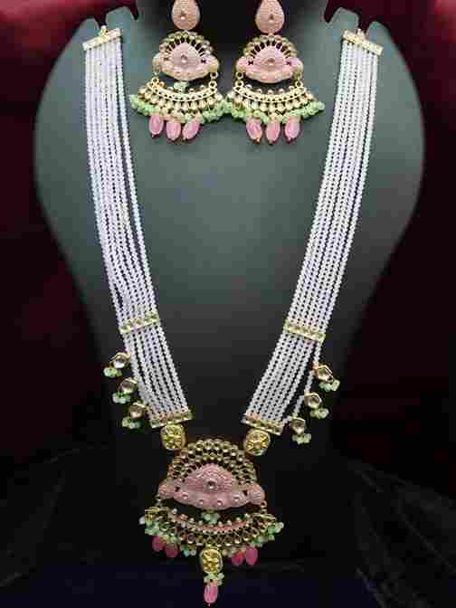 Baby Pink Beaded Stone-Studded Necklace Set