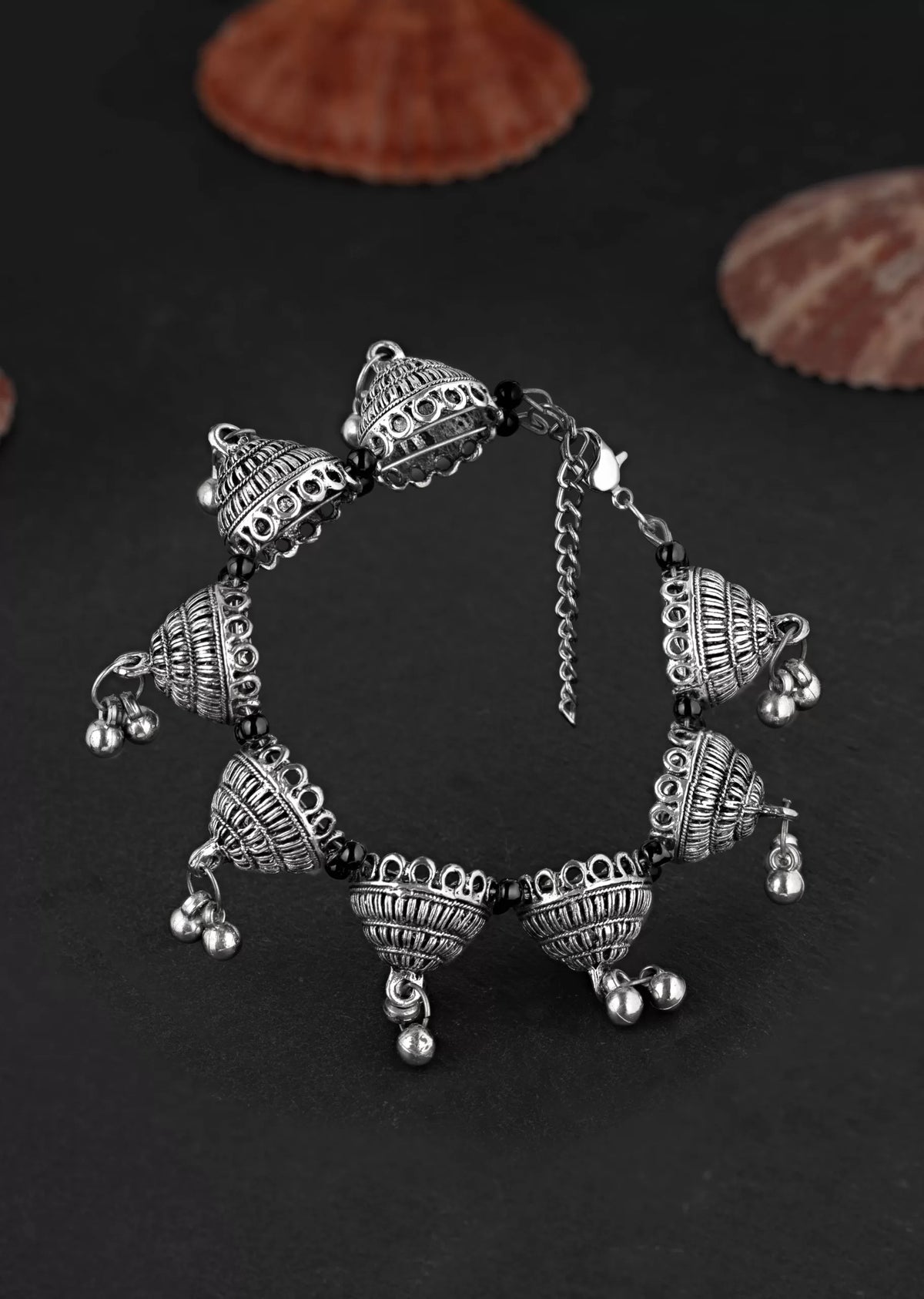 Jhumka and Ghunghroo Design GERMAN SILVER OXIDISED BANGLE STYLE BRACELET