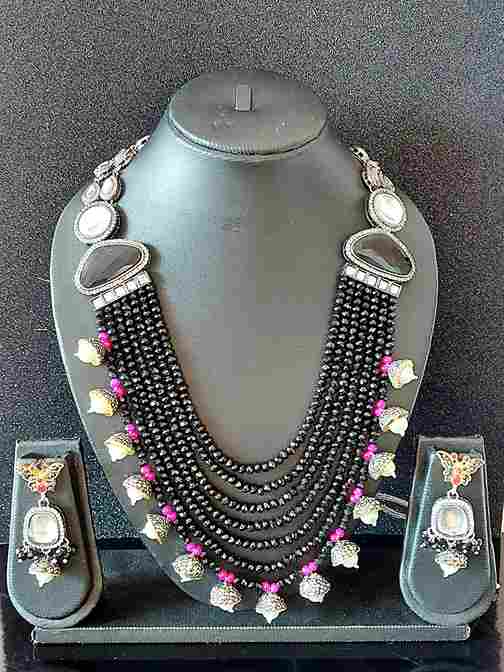 Black Beaded Long Rukmani Stone-Studded Necklace Set