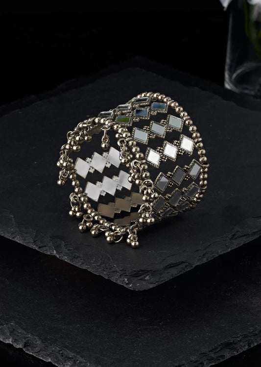 Ghungroo Beaded OXIDISED SILVER-PLATED Mirror CUFF BRACELET