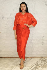 Mush-Red Bandhani Printed Pure Muslin Batwing Loose Top with Red Modal Silk Wrap Round Skirt with Buckle