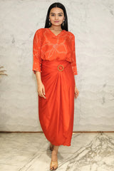 Mush-Red Bandhani Printed Pure Muslin Batwing Loose Top with Red Modal Silk Wrap Round Skirt with Buckle