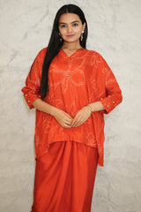 Mush-Red Bandhani Printed Pure Muslin Batwing Loose Top with Red Modal Silk Wrap Round Skirt with Buckle