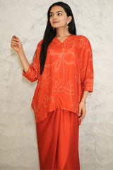 Mush-Red Bandhani Printed Pure Muslin Batwing Loose Top with Red Modal Silk Wrap Round Skirt with Buckle