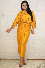 Mustard Yellow Floral Printed Pure Muslin Batwing Loose Top with Yellow Modal Silk Wrap Round Skirt with Buckle