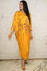 Mustard Yellow Floral Printed Pure Muslin Batwing Loose Top with Yellow Modal Silk Wrap Round Skirt with Buckle