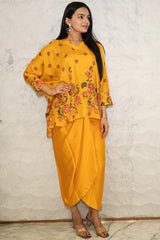 Mustard Yellow Floral Printed Pure Muslin Batwing Loose Top with Yellow Modal Silk Wrap Round Skirt with Buckle