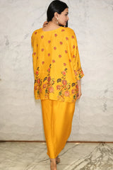 Mustard Yellow Floral Printed Pure Muslin Batwing Loose Top with Yellow Modal Silk Wrap Round Skirt with Buckle