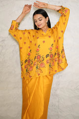 Mustard Yellow Floral Printed Pure Muslin Batwing Loose Top with Yellow Modal Silk Wrap Round Skirt with Buckle