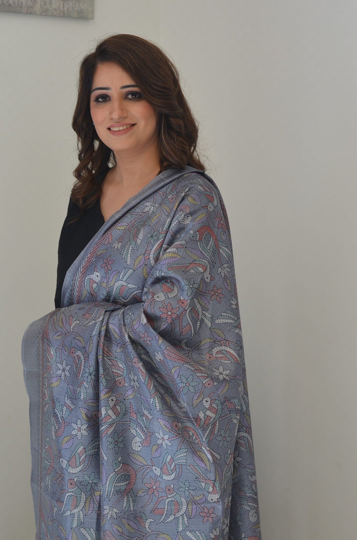 Black suit set and Grey Printed Kantha Dupatta