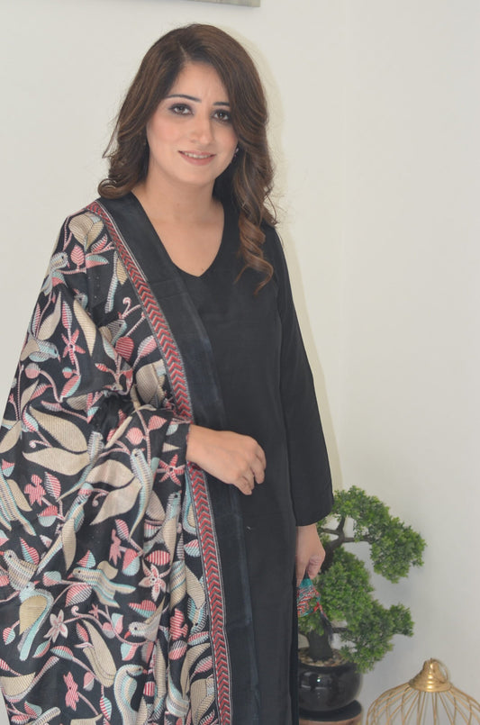 Black suit set and Printed Kantha Work Dupatta