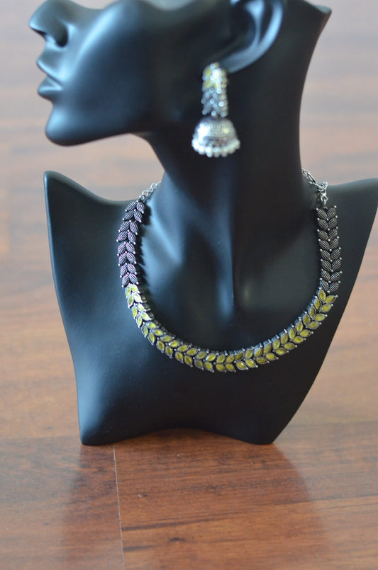 Oxidised Silver Leaf Necklace Set (Yellow)