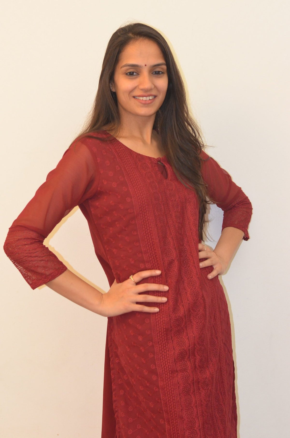 Chikankari Georgette Kurta- Mehroon with attached Slip