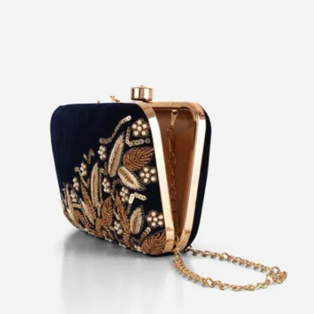 Dark Blue Embroided Clutch