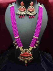 Deep Pink Beaded Stone-Studded Necklace Set